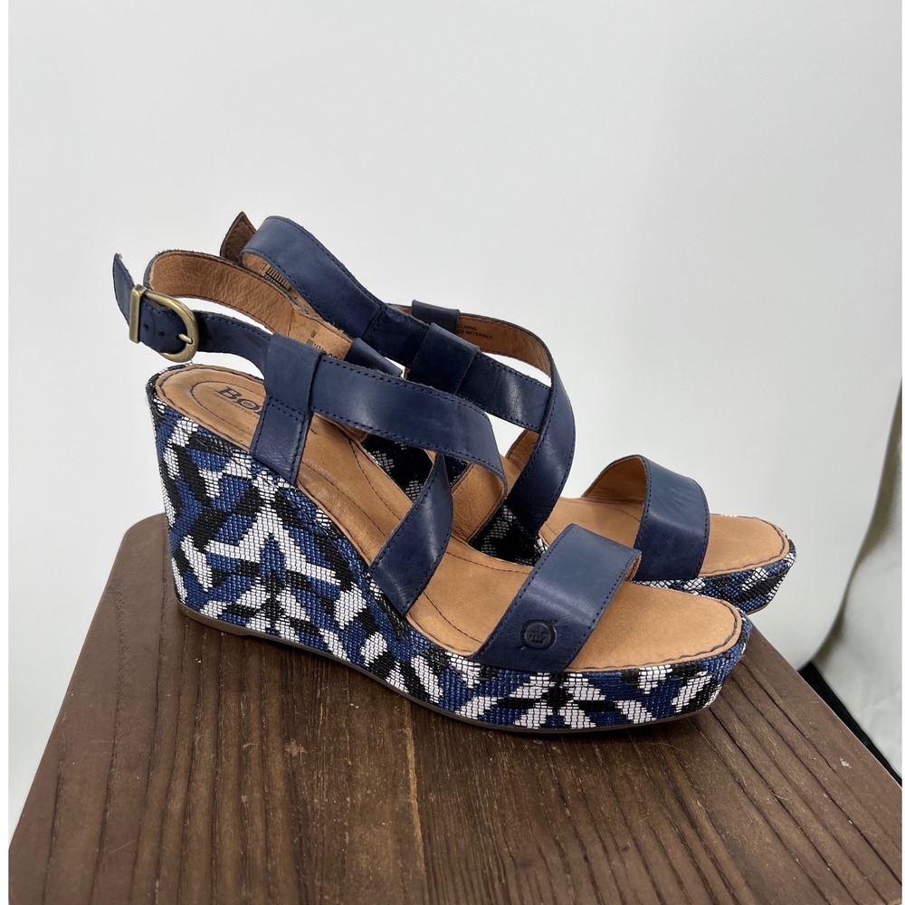 Born Blue Leather Geometric Woven Wedge Platform Sandals 10M
